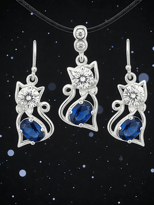 Conjunto Gato Silueta Azul Plata 925