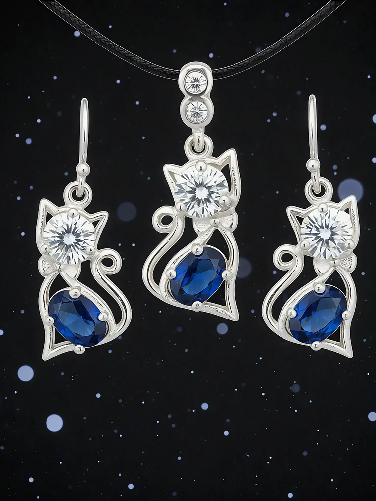 Conjunto Gato Silueta Azul Plata 925 1