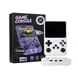 Consola R36S  Juegos Retro Portátil  Joysticks 3D Duales  Batería 3500 mAh  128GB Almacenamiento Blanca