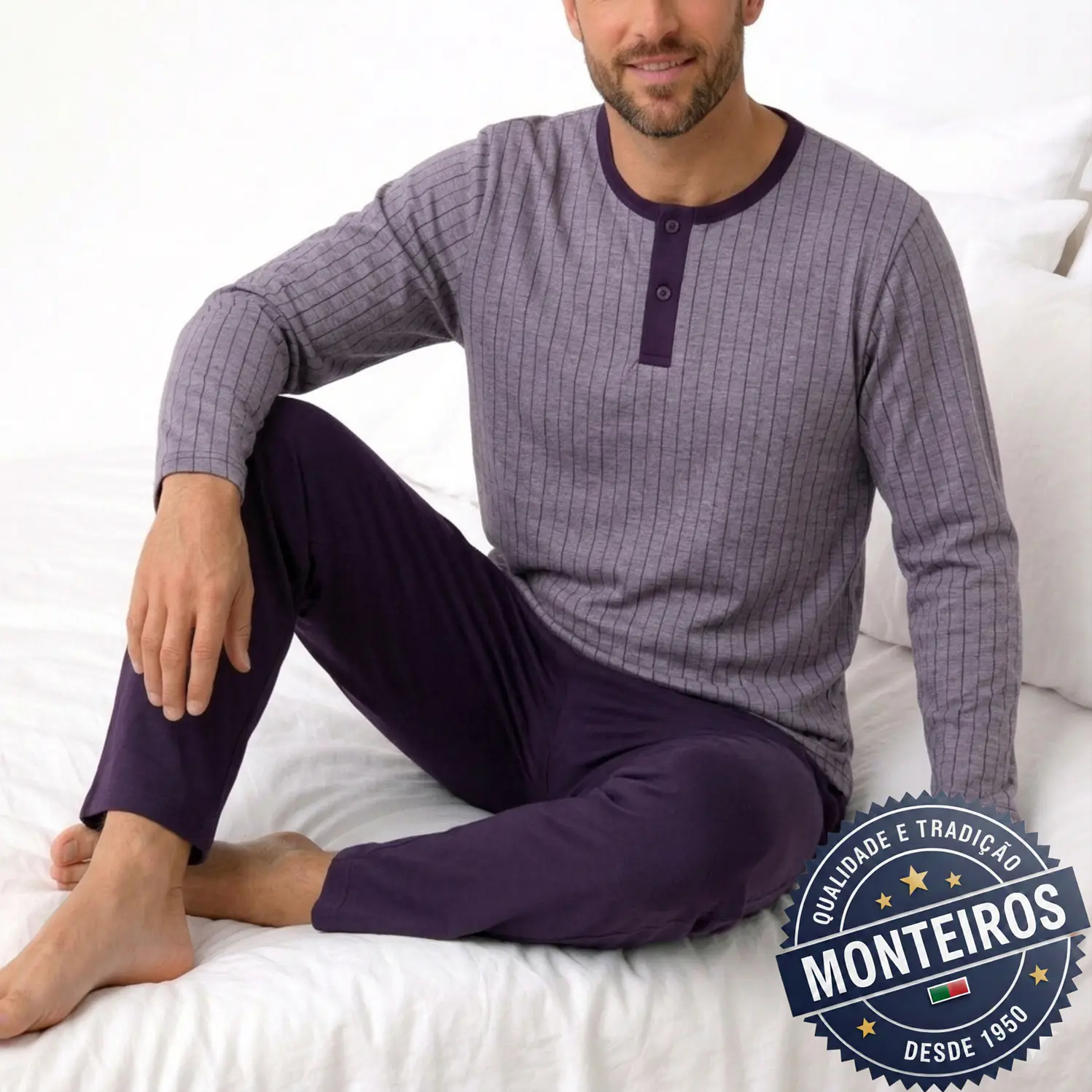 Pijama homem riscas manga comprida e calça 1