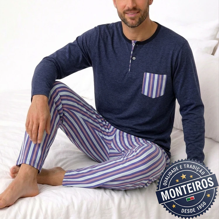 Pijama homem gola henley manga comprida e calça 4