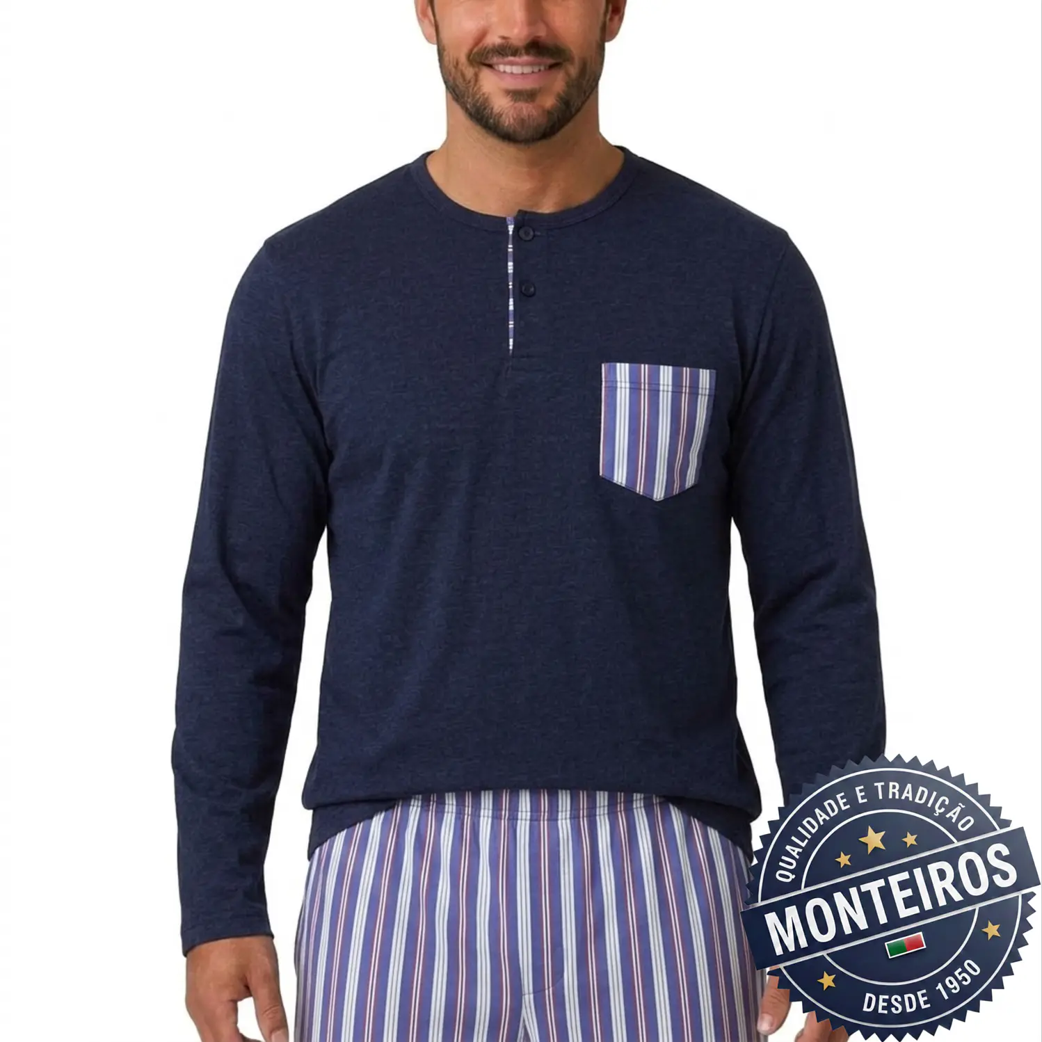 Pijama homem gola henley manga comprida e calça 5
