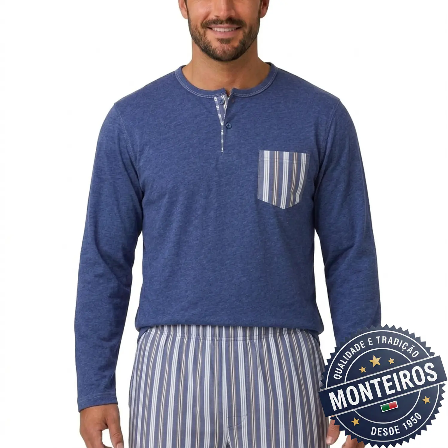 Pijama homem gola henley manga comprida e calça 2