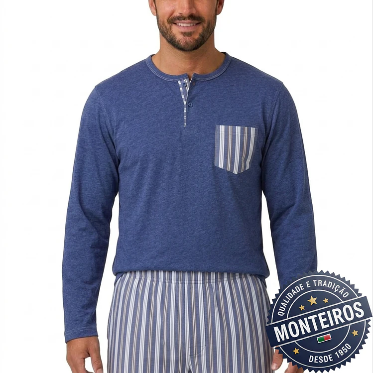 Pijama homem gola henley manga comprida e calça 2