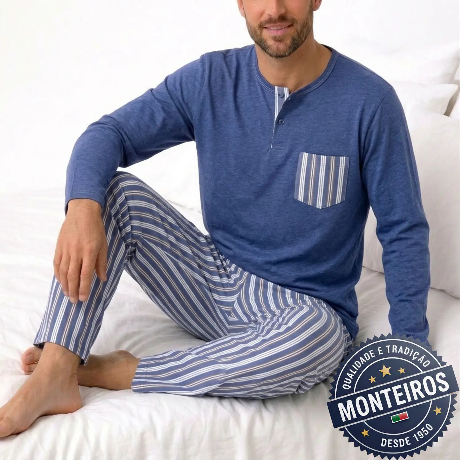 Pijama homem gola henley manga comprida e calça 1