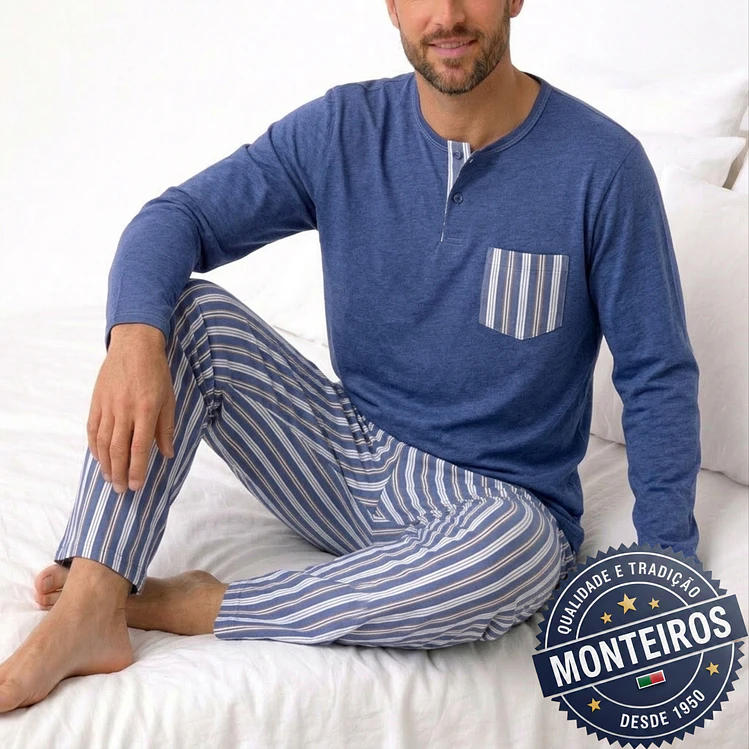 Pijama homem gola henley manga comprida e calça 1