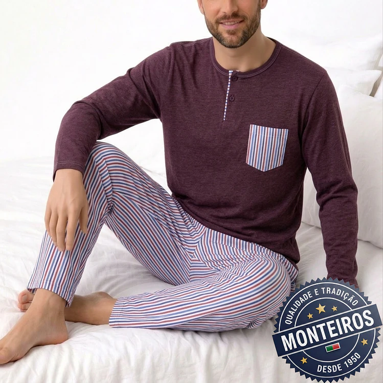 Pijama homem gola henley manga comprida e calça 1