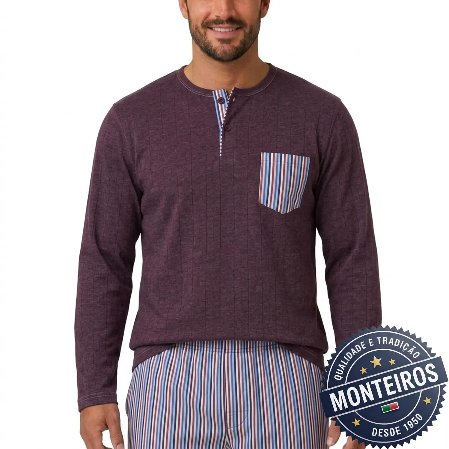 Pijama homem gola henley manga comprida e calça 2