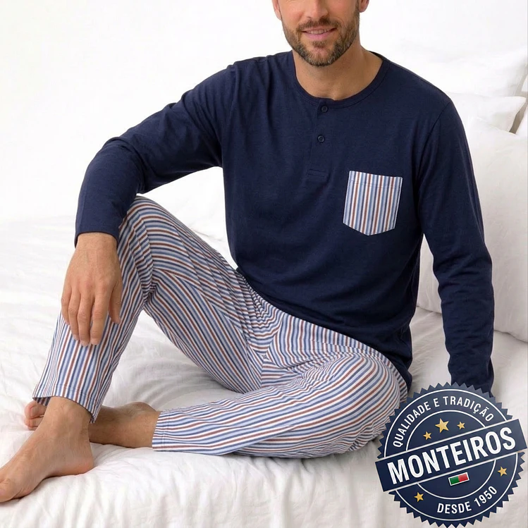 Pijama homem gola henley manga comprida e calça 4
