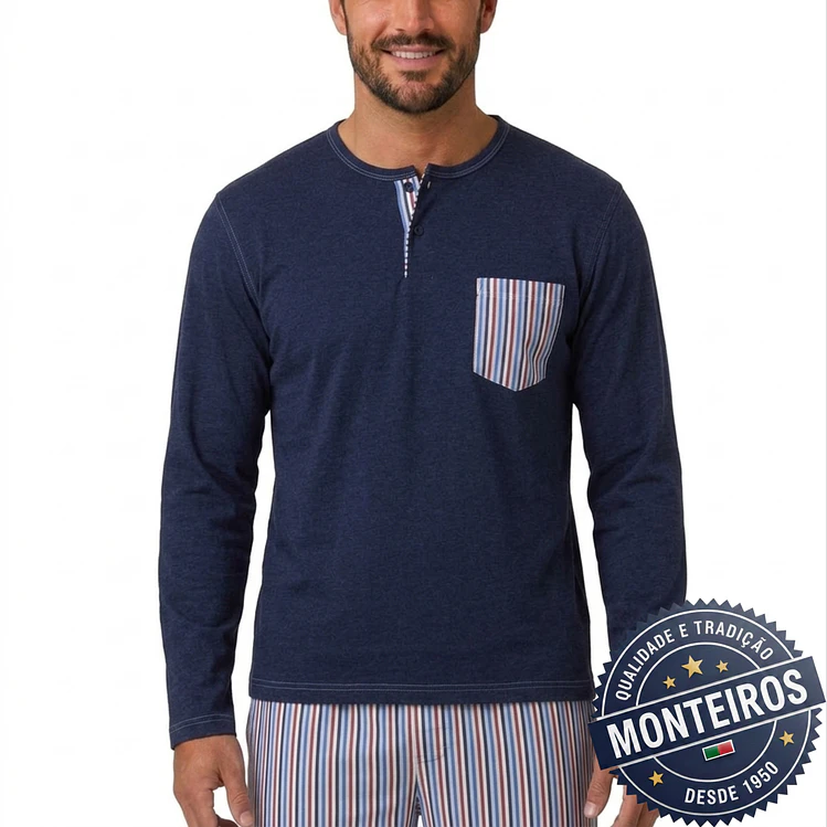 Pijama homem gola henley manga comprida e calça 5