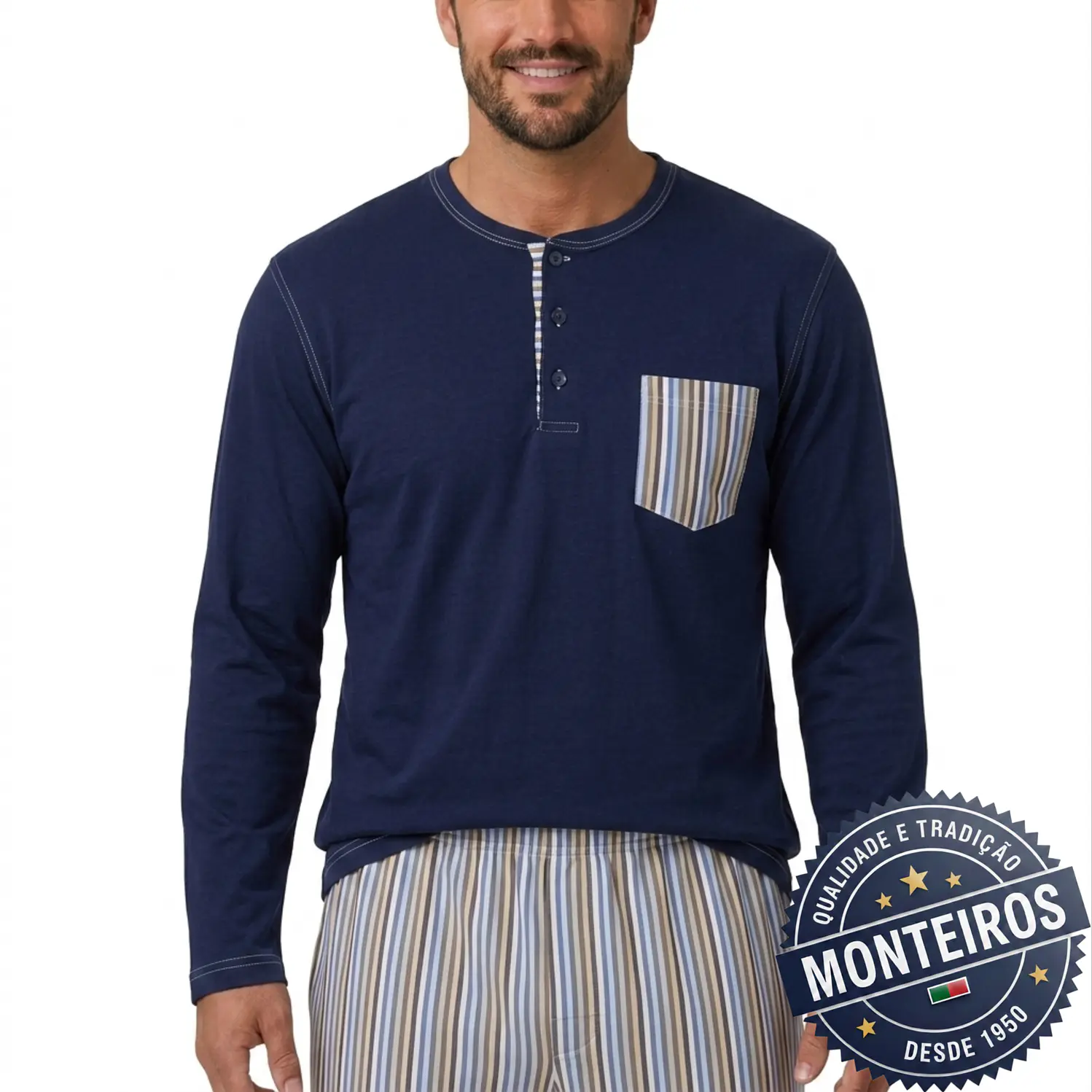 Pijama homem gola henley manga comprida e calça 8