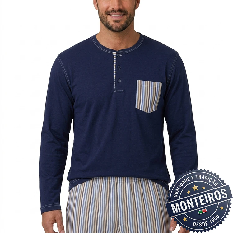 Pijama homem gola henley manga comprida e calça 8