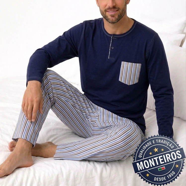 Pijama homem gola henley manga comprida e calça 7