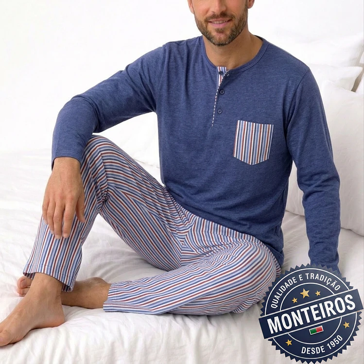 Pijama homem gola henley manga comprida e calça 10