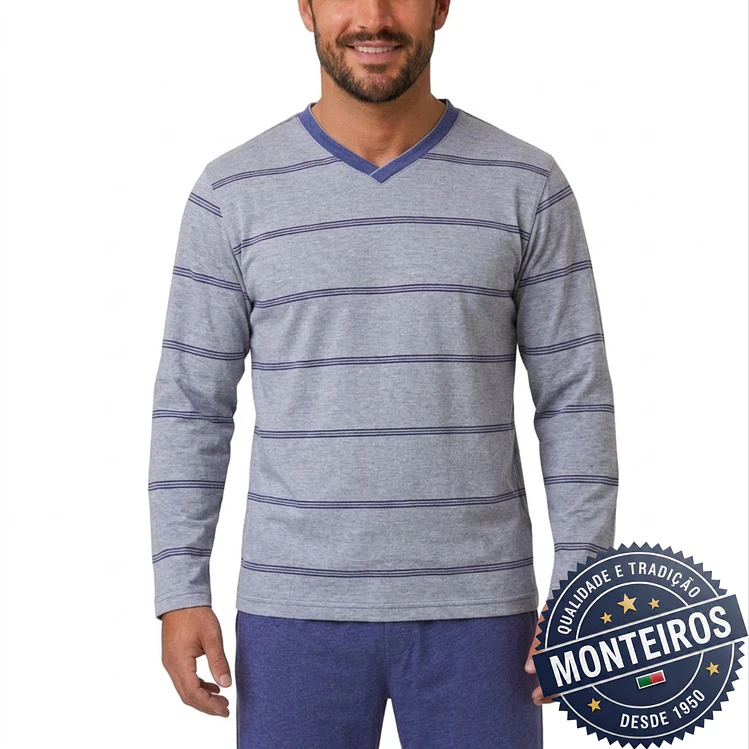 Pijama homem gola em v manga comprida e calça 2