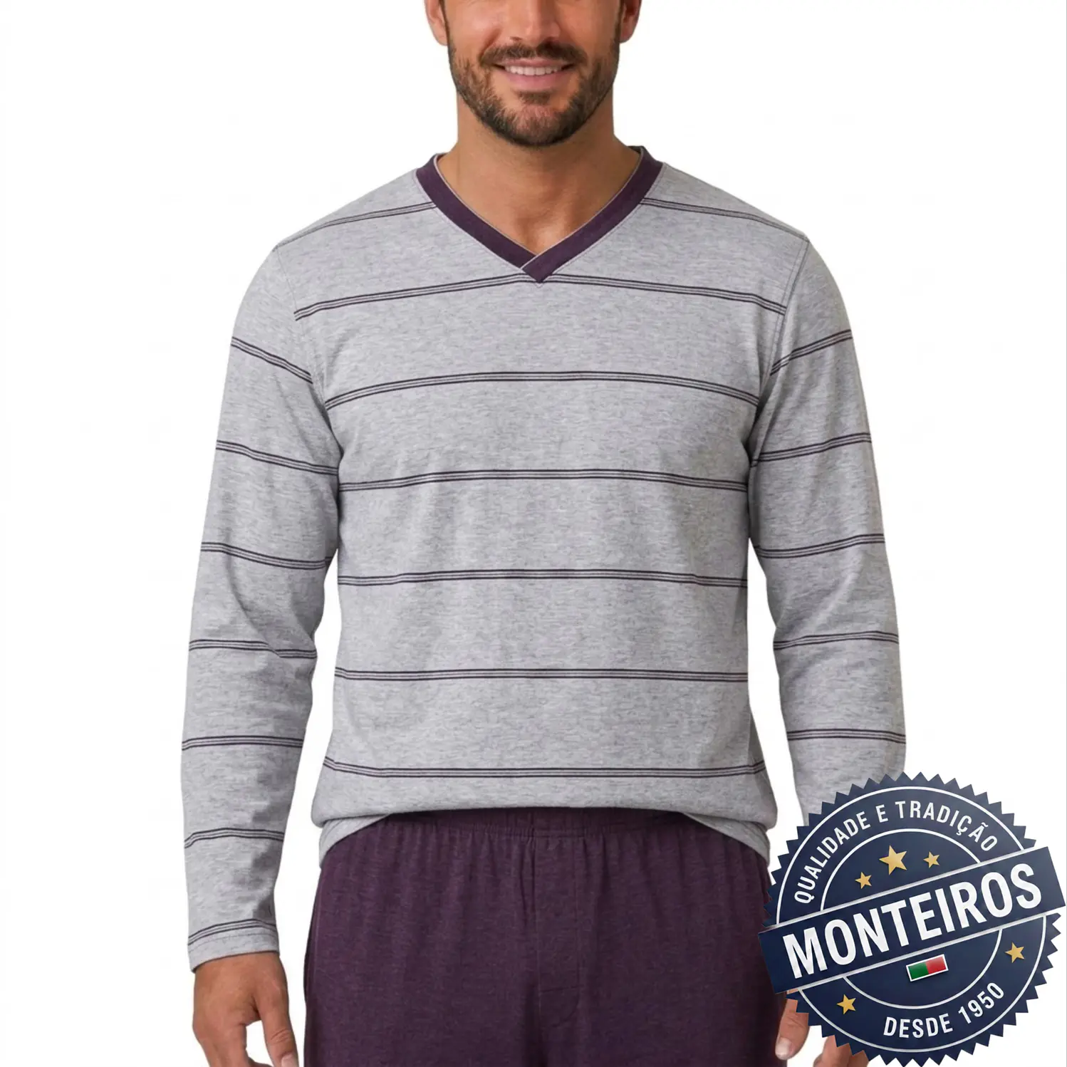 Pijama homem gola em v manga comprida e calça 5
