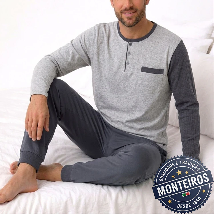 Pijama homem gola henley manga comprida e calça 1