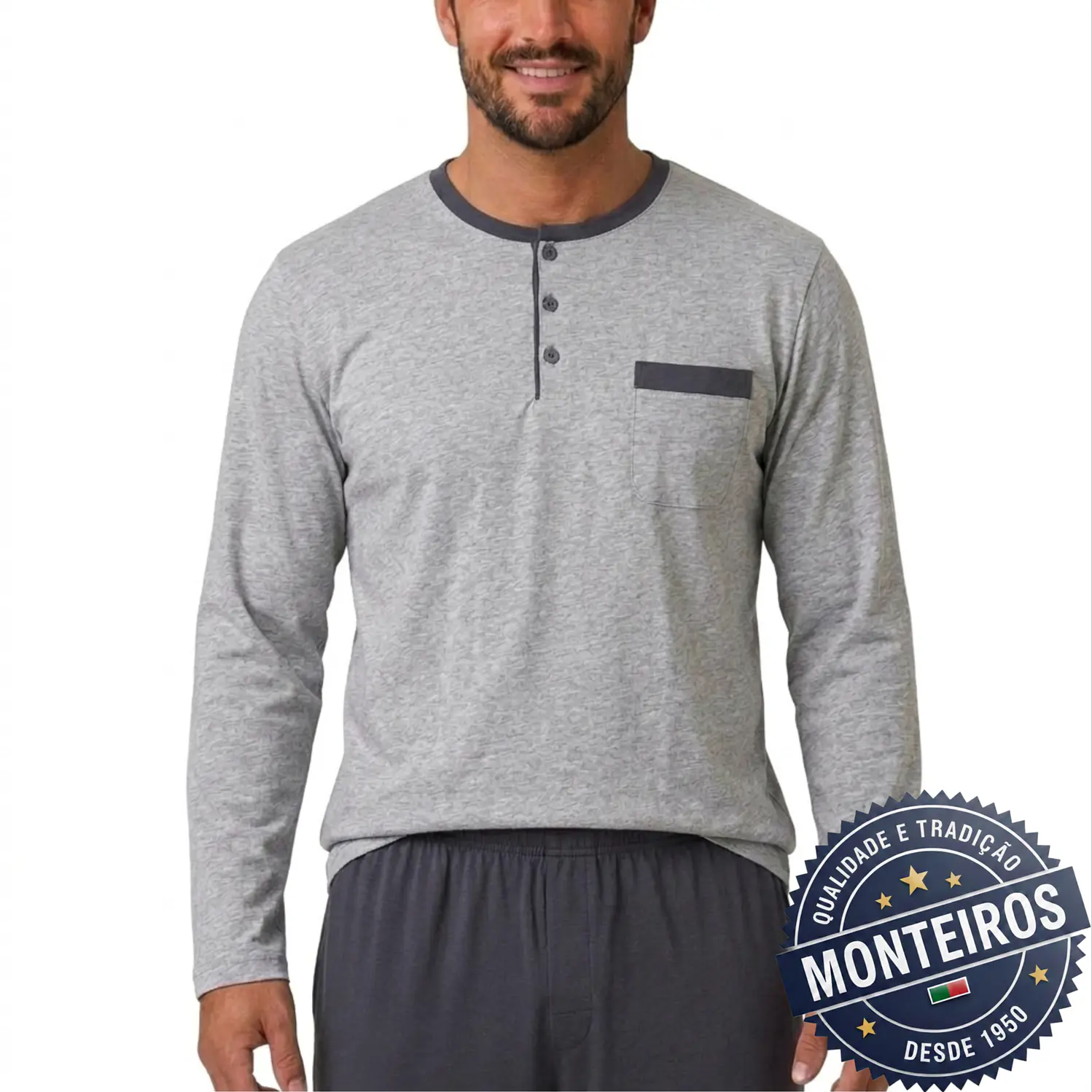 Pijama homem gola henley manga comprida e calça 2