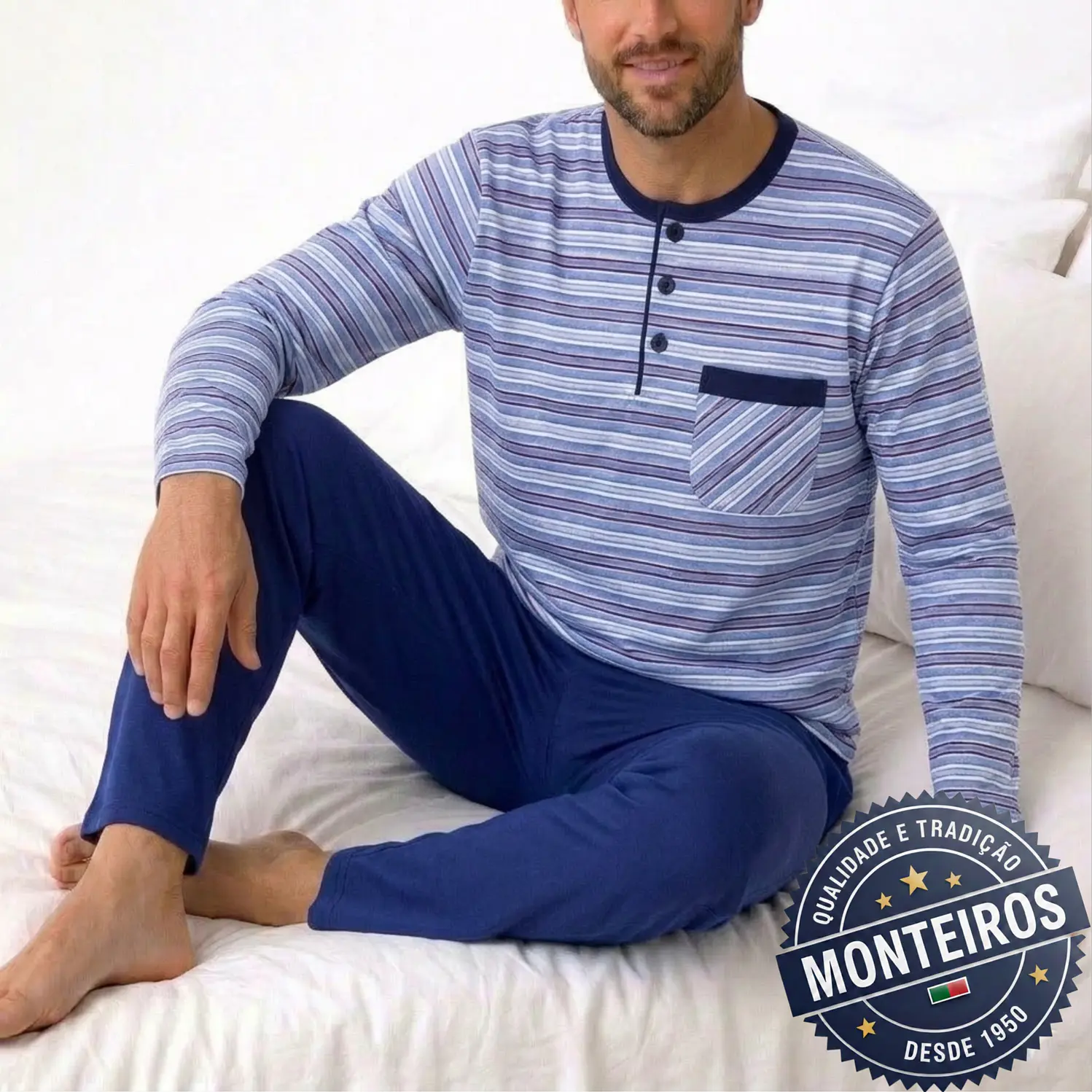 Pijama homem riscas manga comprida e calça 1