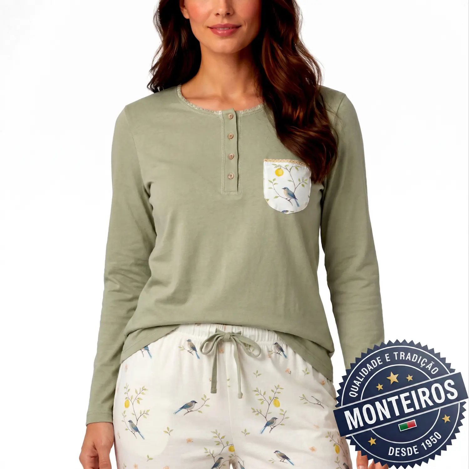 Pijama senhora botão madeira manga comprida e calça 2