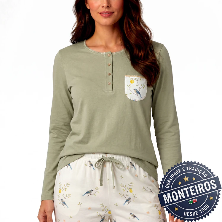 Pijama senhora botão madeira manga comprida e calça 2