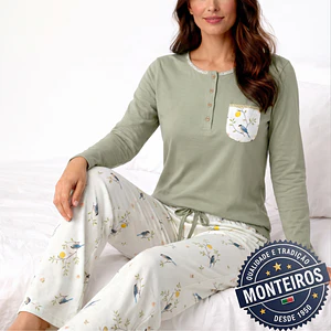 Pijama senhora botão madeira manga comprida e calça