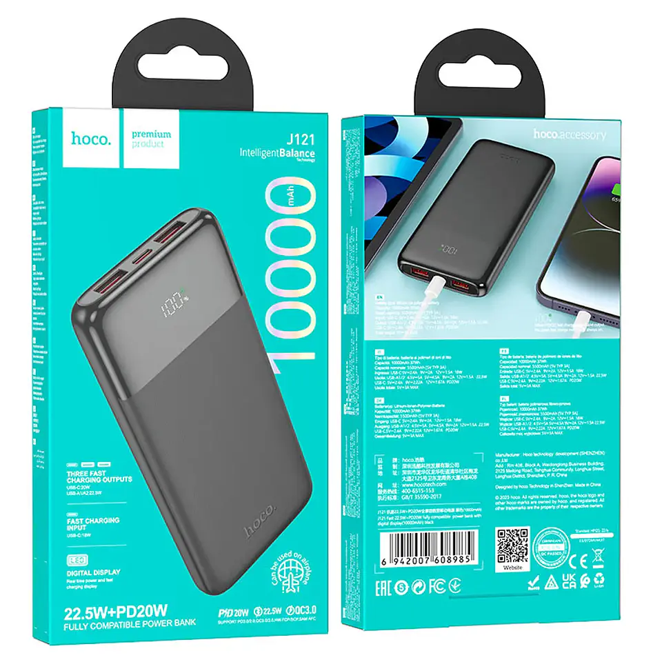 Powerbank Hoco J121 10000 mAh Fast LED negro 3
