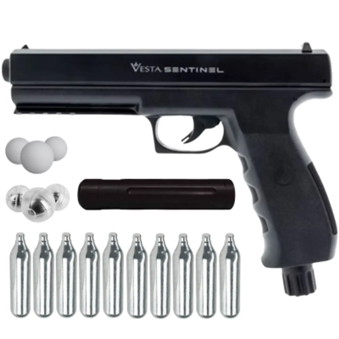 Combo Pistola Traumatica Vesta Sentinel 20J .50 + extensor + 10 co2 + 100 municiones pvc + 50 municiones quick 1