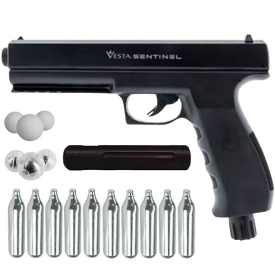 Combo Pistola Traumatica Vesta Sentinel 20J .50 + extensor + 10 co2 + 100 municiones pvc + 50 municiones quick 1