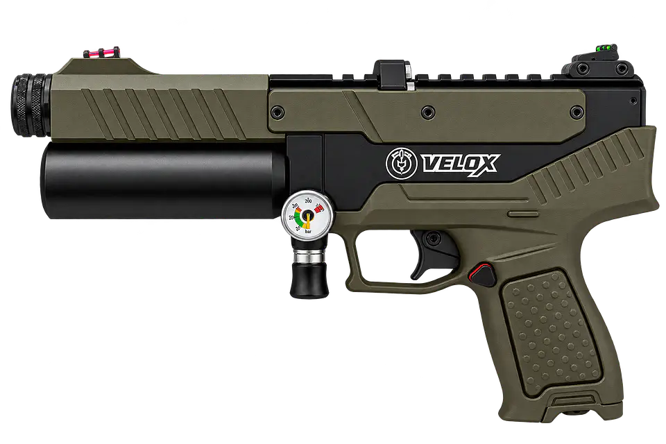 Pistola PCP Hatsan Velox Semi-Automatica CAL 6,35 Verde incluye 2 botellas 1