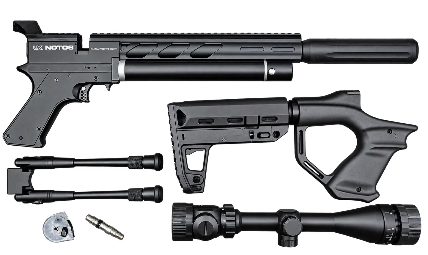 Kit Rifle PCP Umarex Notos 28J 5.5 2.4330 + mira 3-9x40 + bípode + funda + postones 2