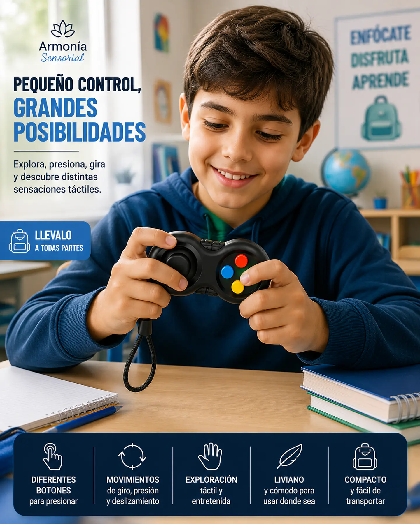 Fidget Pad Sensorial Tipo Control con Joystick y Botones 3