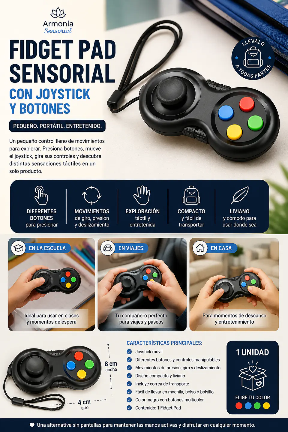 Fidget Pad Sensorial Tipo Control con Joystick y Botones 4