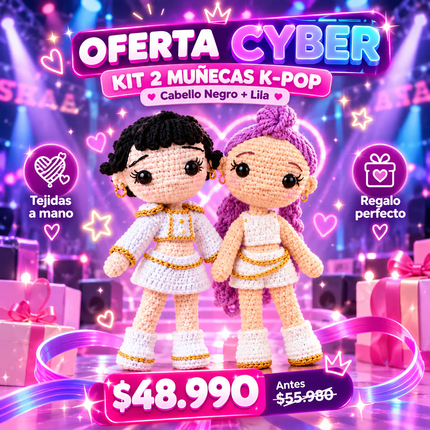 Kit 2 Muñecas K-Pop – Cabello Negro + Lila 3