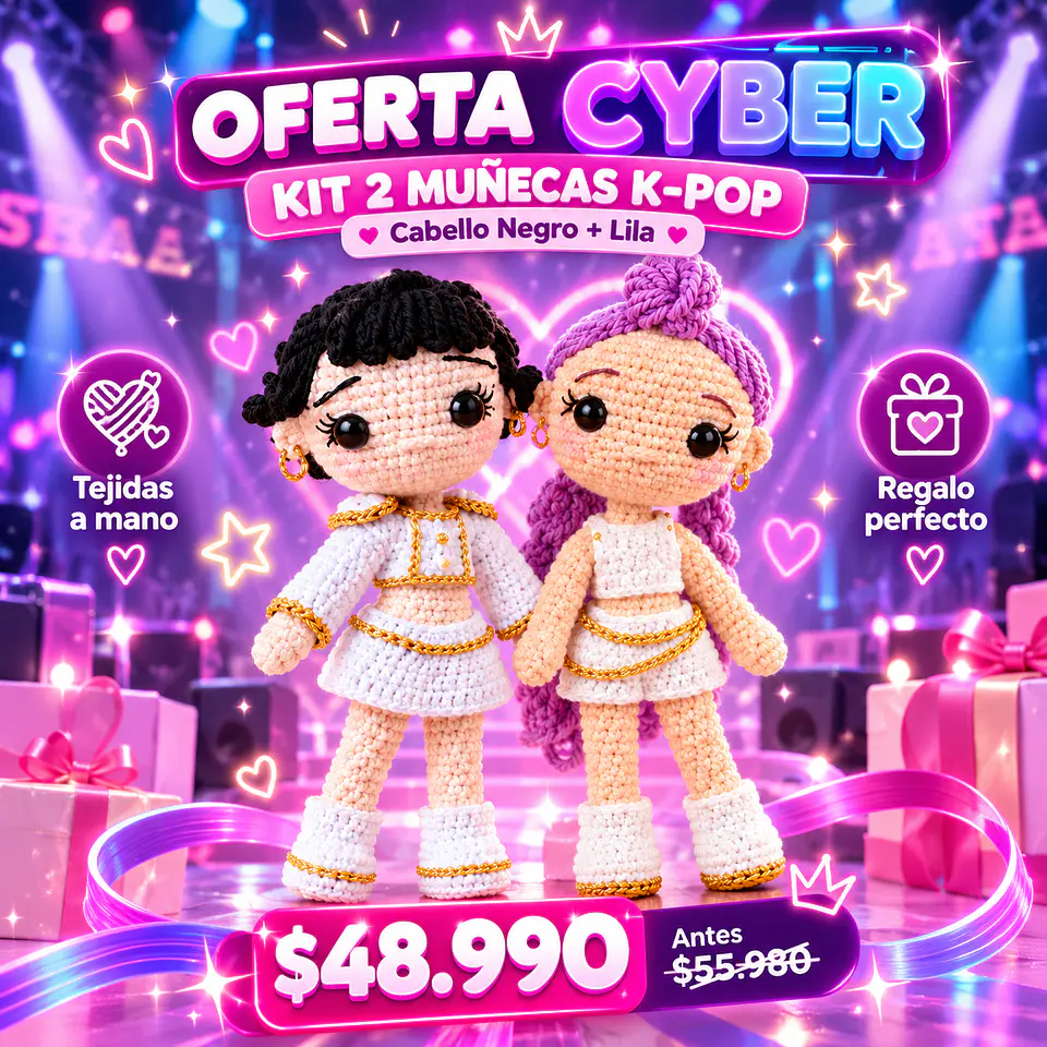 Kit 2 Muñecas K-Pop – Cabello Negro + Lila 3