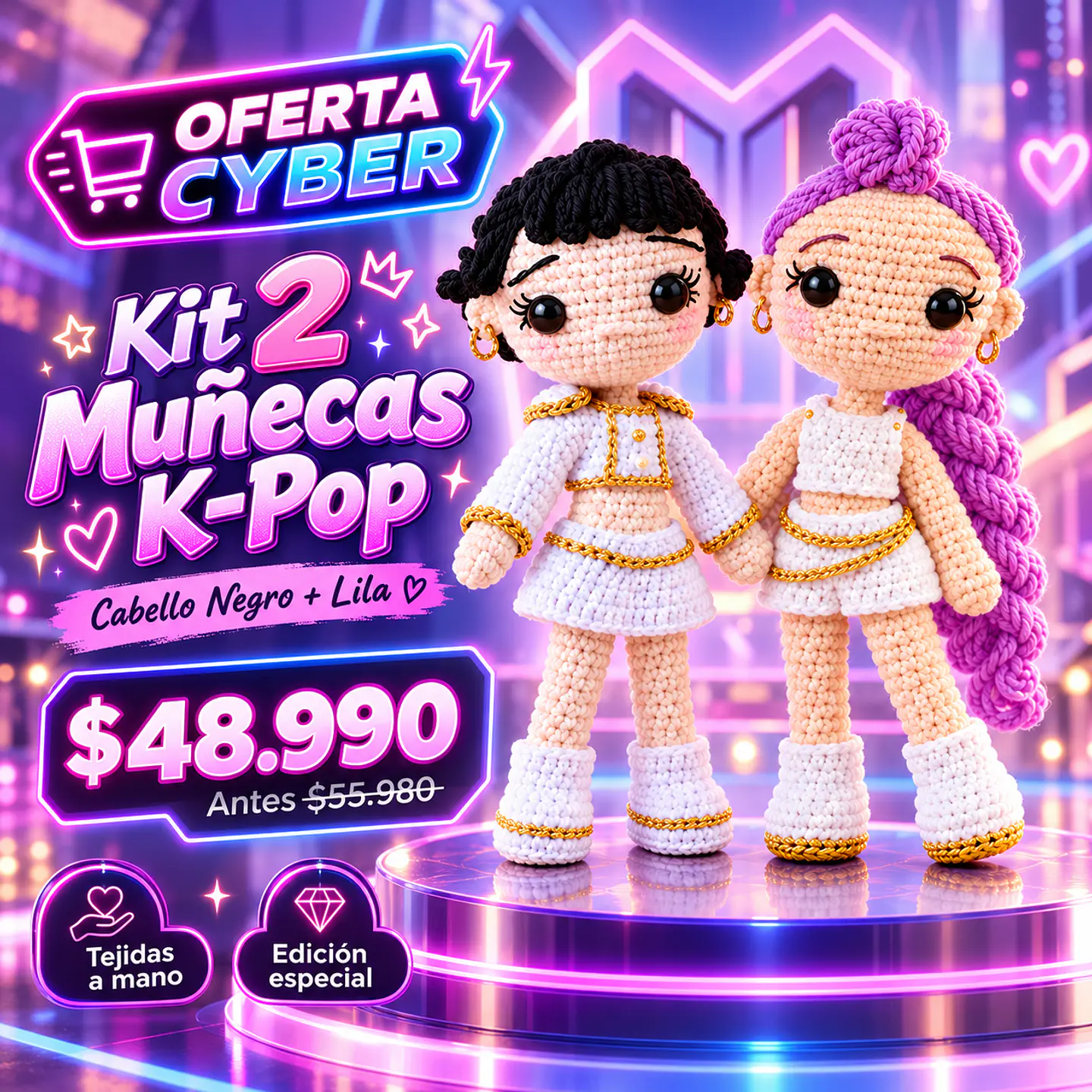 Kit 2 Muñecas K-Pop – Cabello Negro + Lila 2