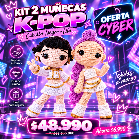 Kit 2 Muñecas K-Pop – Cabello Negro + Lila