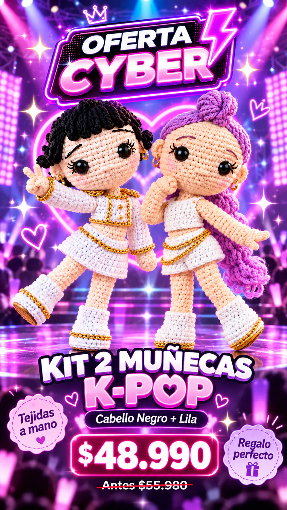 Kit 2 Muñecas K-Pop – Cabello Negro + Lila 4