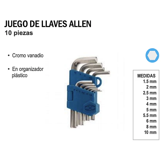JUEGO DE LLAVES ALLEN 10 PZAS TRUPER