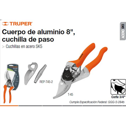 TIJERA TRUPER JARDINERIA CUERPO ALUMINIO 8PULG # T-45