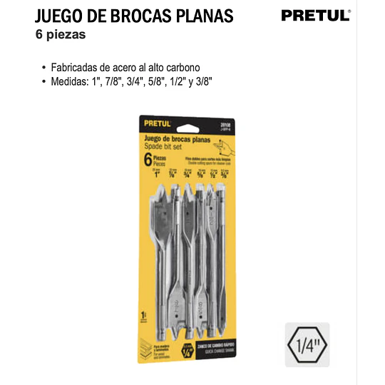 JUEGO DE BROCAS PLANAS 6 PZAS PRETUL