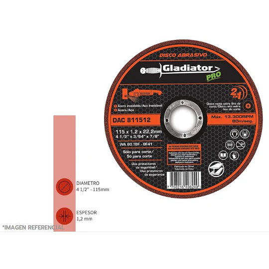 DISCO CORTE 4 1/2x1.2MM METAL/INOX GLADIATOR