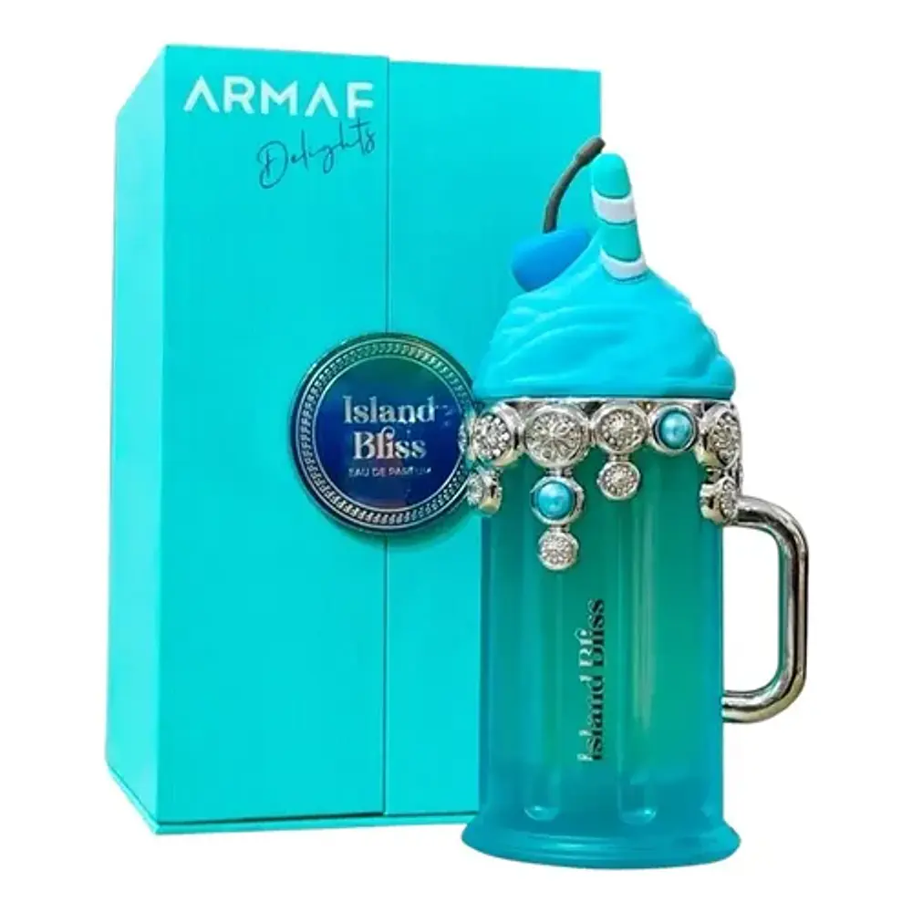 Perfume Armaf Island Bliss Delight Eau de Parfum 100ml mujer junto a su caja turquesa
