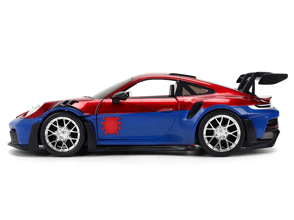Porsche 911 GT3 RS (992) Red and Blue with Graphics and Spider-Man Diecast Figure "Marvel Spider-Man" "Hollywood Rides" Series 1/24 Diecast Model Car by Jada 1