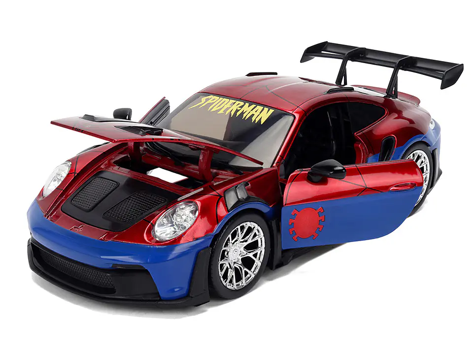 Porsche 911 GT3 RS (992) Red and Blue with Graphics and Spider-Man Diecast Figure "Marvel Spider-Man" "Hollywood Rides" Series 1/24 Diecast Model Car by Jada 2