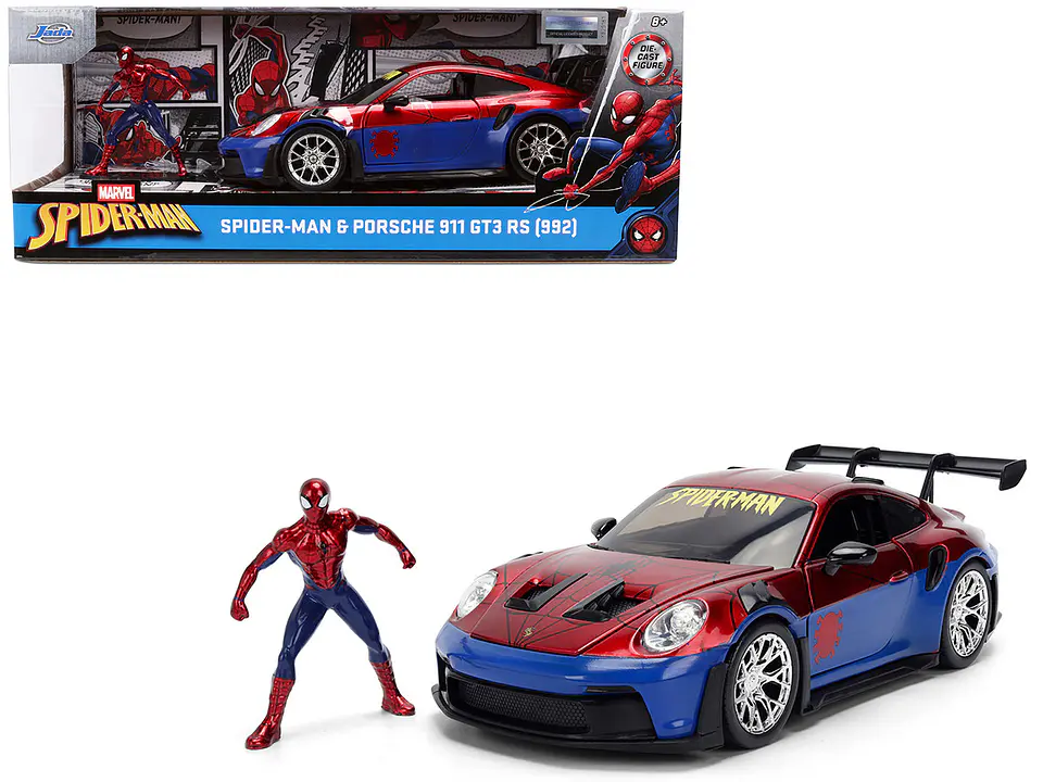 Porsche 911 GT3 RS (992) Red and Blue with Graphics and Spider-Man Diecast Figure "Marvel Spider-Man" "Hollywood Rides" Series 1/24 Diecast Model Car by Jada 3