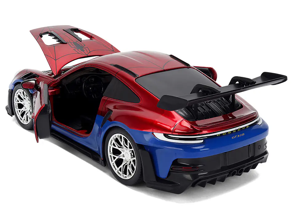 Porsche 911 GT3 RS (992) Red and Blue with Graphics and Spider-Man Diecast Figure "Marvel Spider-Man" "Hollywood Rides" Series 1/24 Diecast Model Car by Jada 4