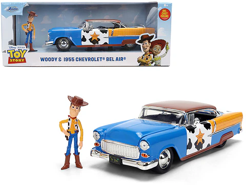 uto a Escala de Metal Chevrolet Bel Air 1955 Azul con Diseños y Figura de Woody - Serie "Hollywood Rides"