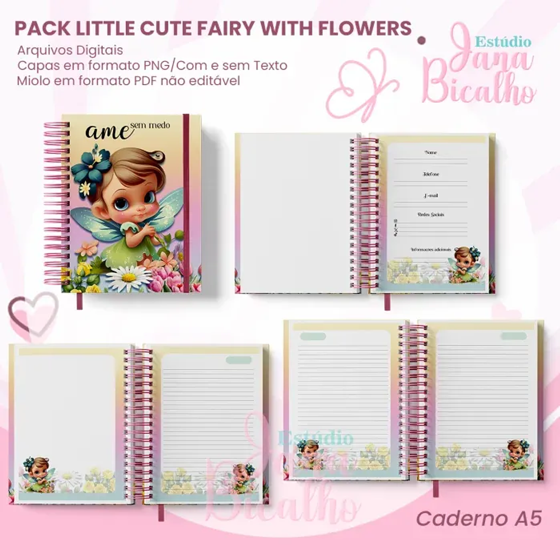 Arquivo PACK Caderno Pautado A5+Bloquinho A6 – Little Cute Fairy with flowers 2