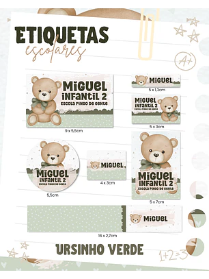 Arquivo Etiqueta Escolar - Ursinho Verde